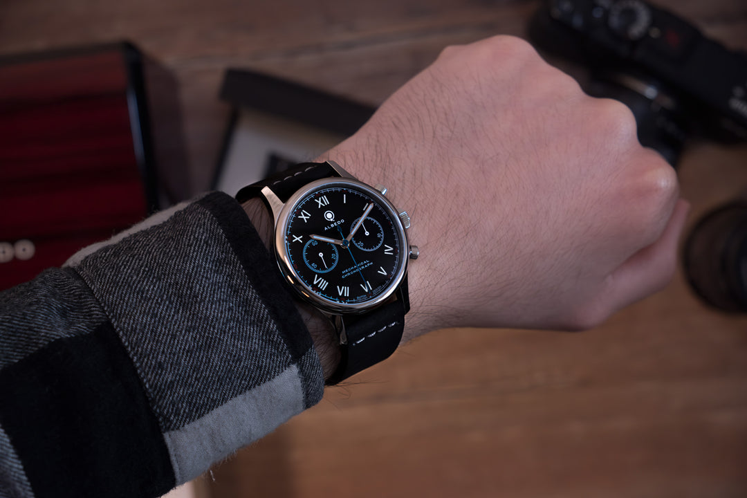 Albedo 1901 Chronograph on Wrist with Full Grain Italian Leather Strap – Natural Nubuck-Like Finish