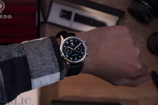 Albedo 1901 Chronograph on Wrist with Black Rubber Strap – Sporty Wearable Look