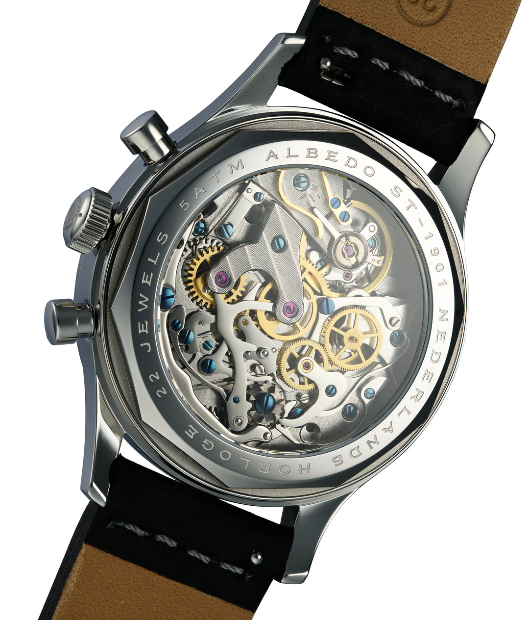 Exhibition Caseback of Albedo 1901 – ST1901 Mechanical Movement with Blued Screws and Golden Swan Neck Regulato