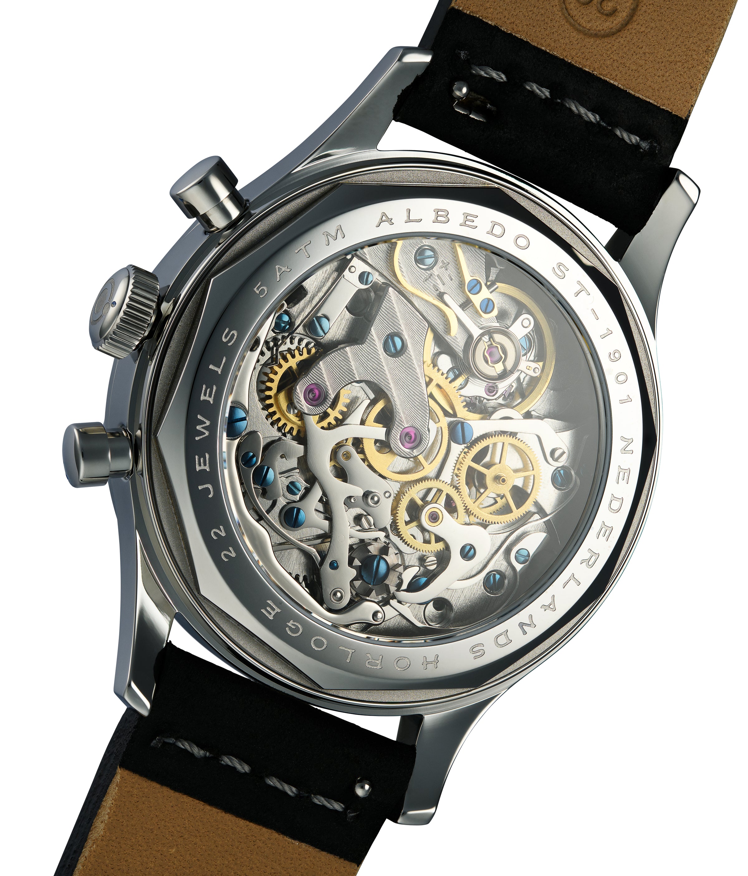 Exhibition Caseback of Albedo 1901 – ST1901 Mechanical Movement with Blued Screws and Golden Swan Neck Regulato