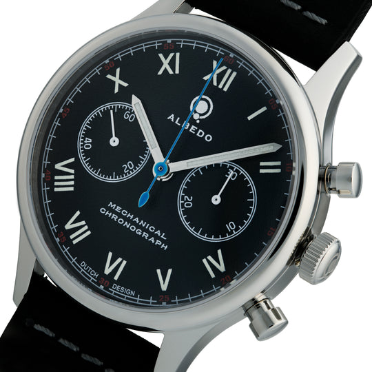 Dial Close-Up of Albedo 1901 Watch – Roman Numerals, Lume Accents, and Chronograph Subdials