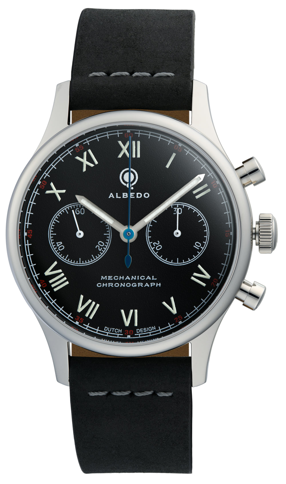 "Front View of Albedo 1901 Chronograph Watch – Classic Roman Numerals and Fully Polished Case