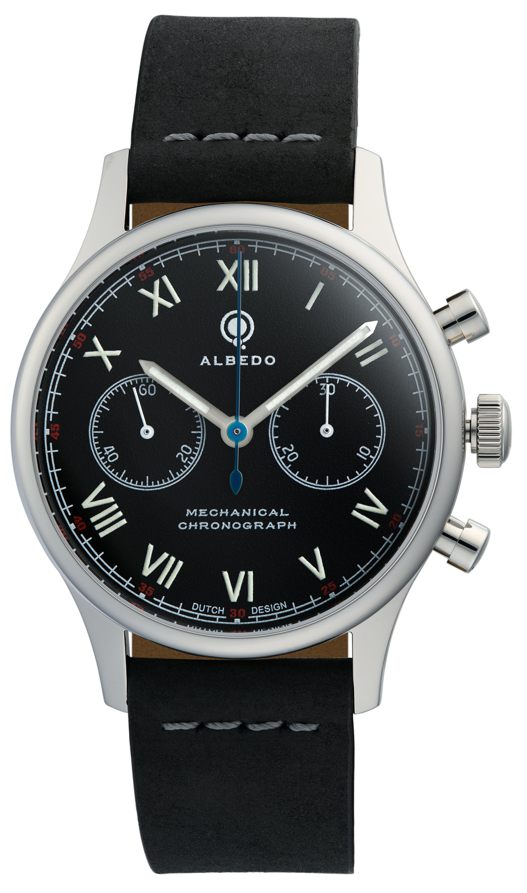 "Front View of Albedo 1901 Chronograph Watch – Classic Roman Numerals and Fully Polished Case