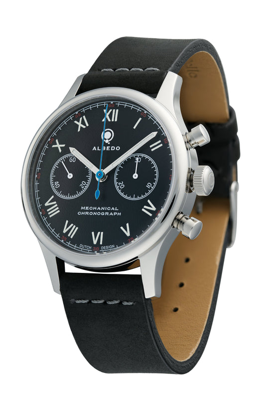 Albedo 1901 Mechanical Chronograph – Diagonal Front View with Roman Numeral Lume Dial, Polished Case, and Display Back