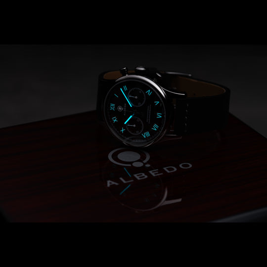 Lume Shot of Albedo 1901 – Glowing BGW9 Blue Lume on Dial in Low Light Conditions